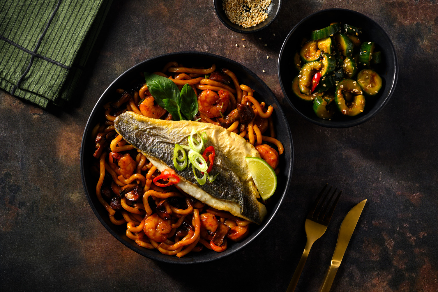 Kabeljauw in zwarte knoflook met gochujang, udonnoedels en garnalen
