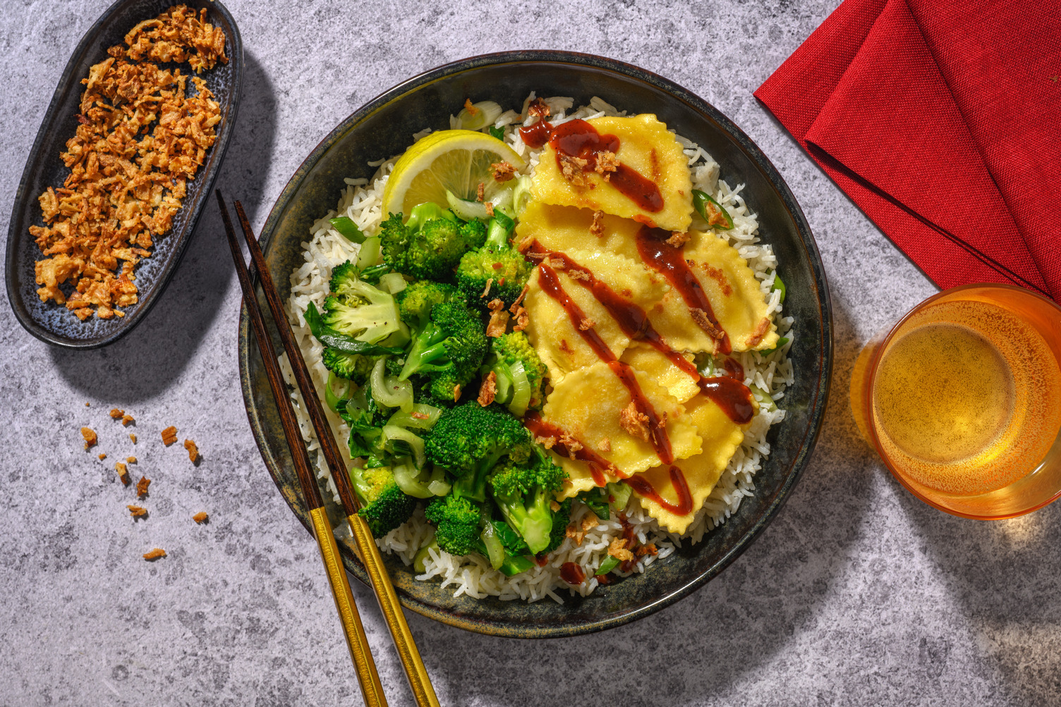 Fragrant Chicken Dumplings, Prawns & Soy Veggies