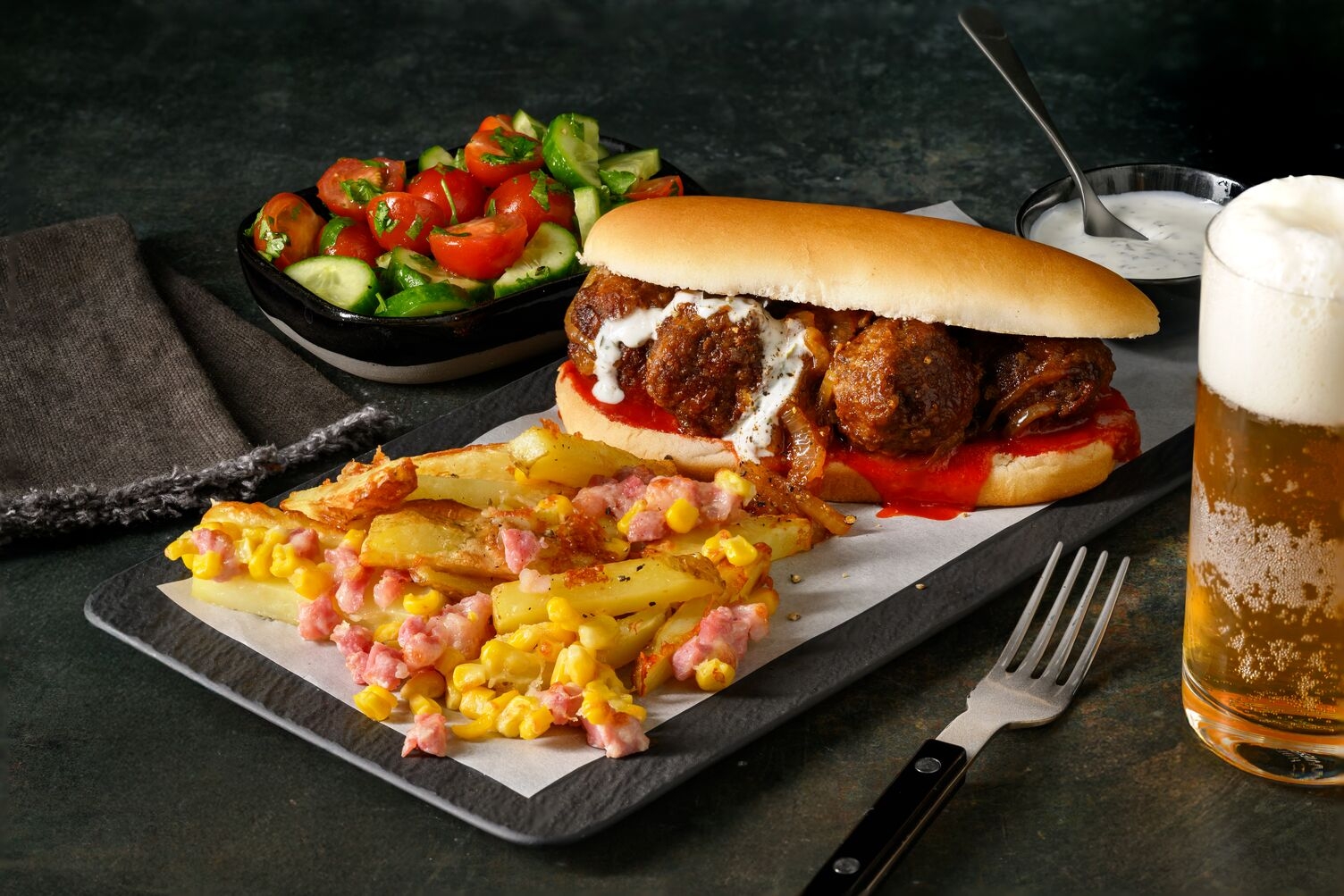 Buffalo Beef Meatball Subs & Bacon Fries