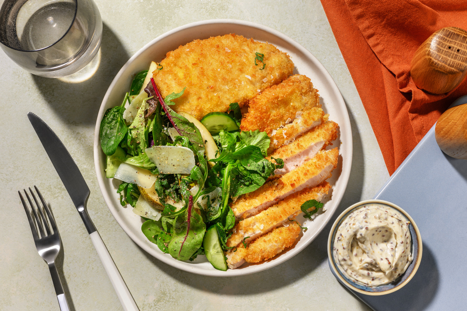 Classic Salmon Schnitty & Pear-Parmesan Salad