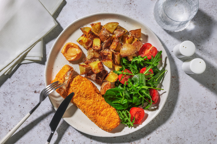 Quick Crumbed Fish & Cheesy Roast Potatoes