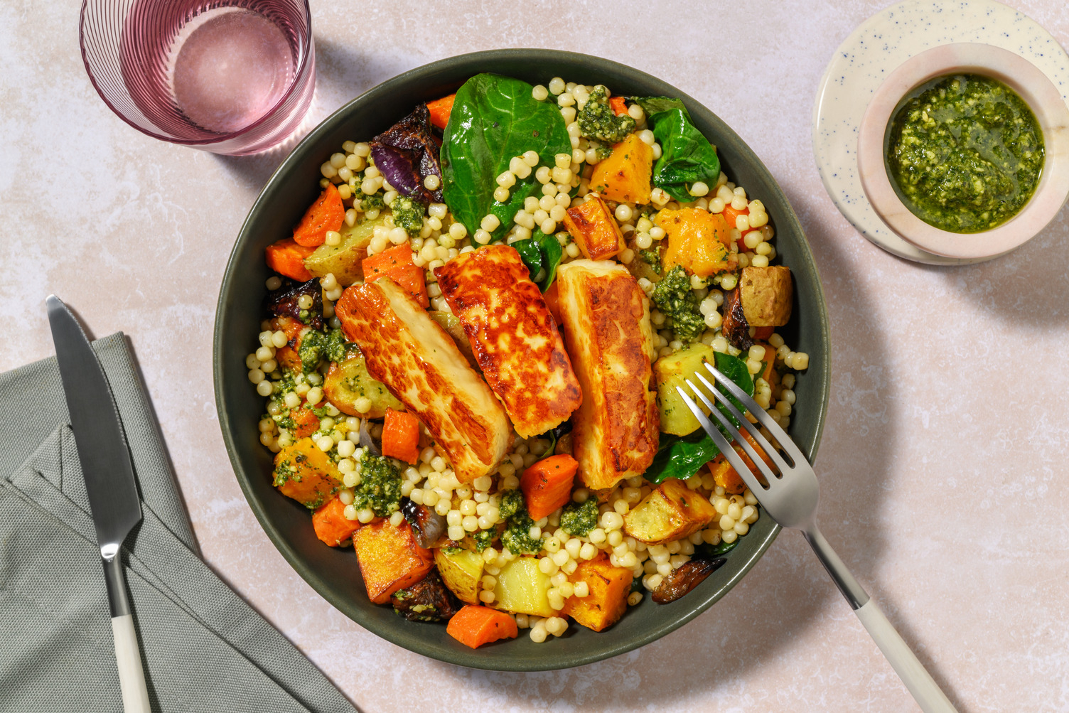 Golden Halloumi, Bacon & Pesto Pearl Couscous