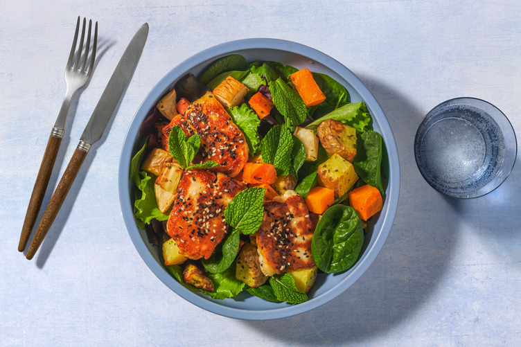 Honey-Sesame Double Halloumi & Roast Veggie Toss