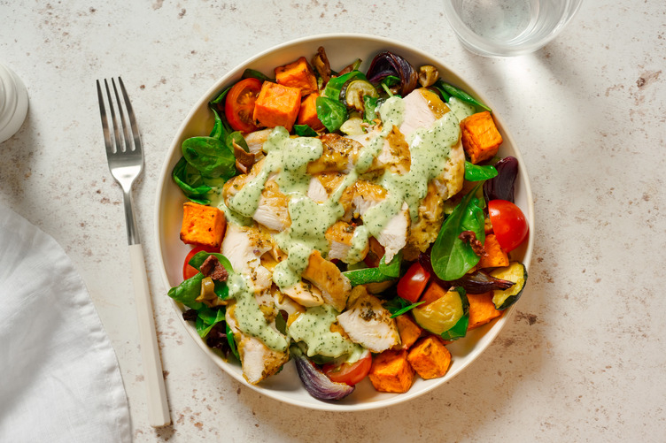 Seared Garlic Prawns & Veggie-Olive Salad