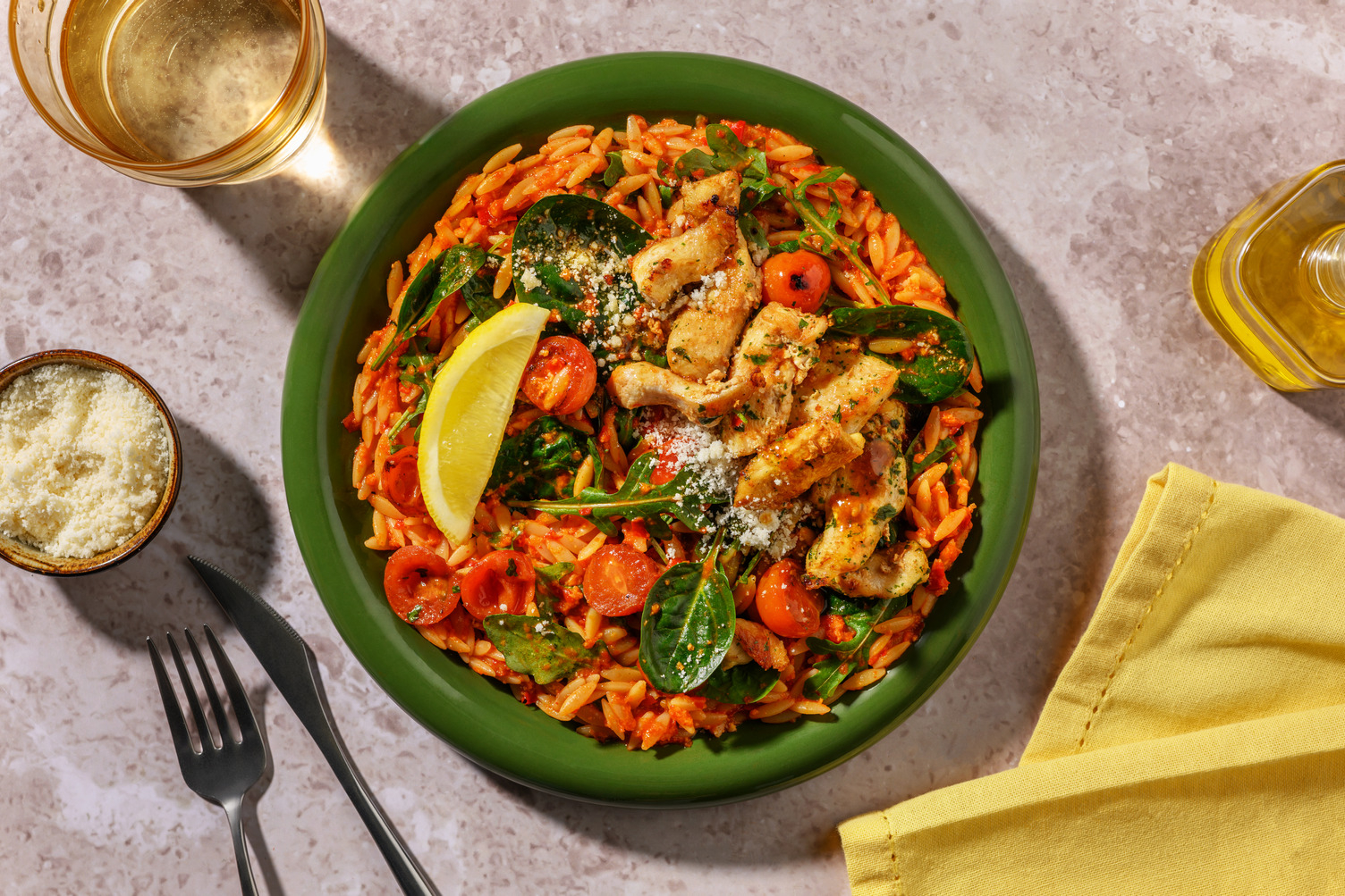 Quick Double Garlicky Chicken & Red Pesto Risoni