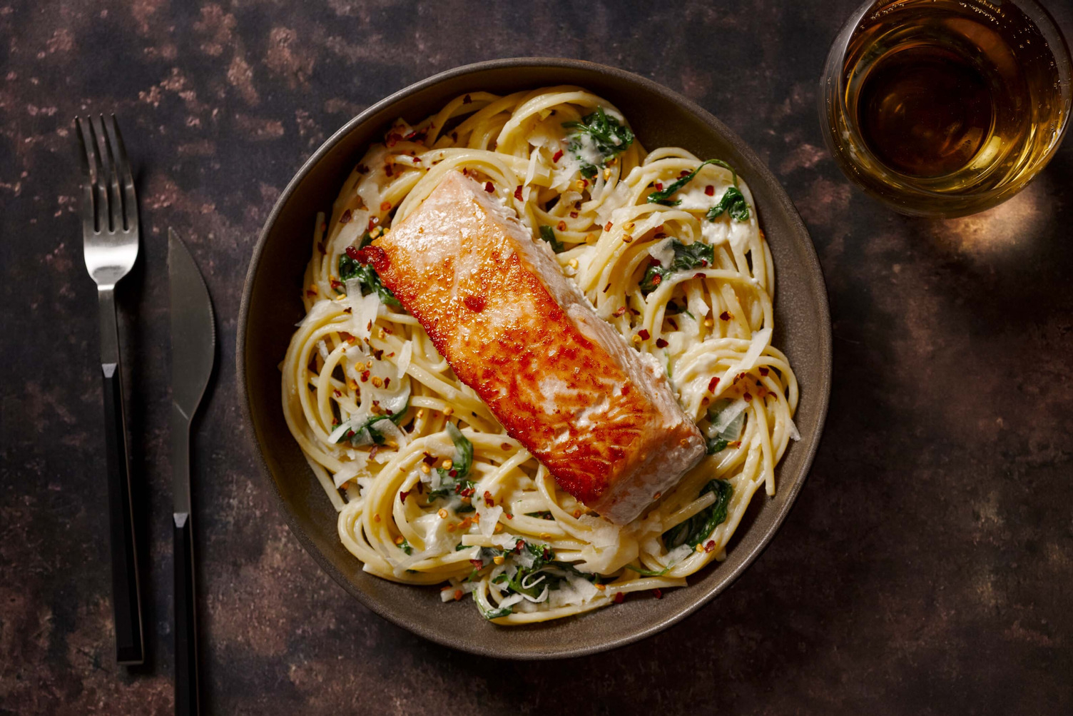 Creamy Garlic Double Salmon Linguini
