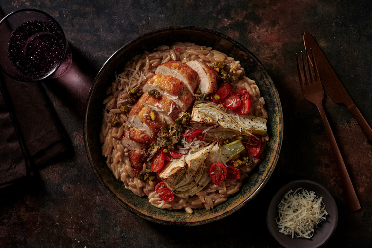Parelhoen met pistache en Parmigiano Reggiano
