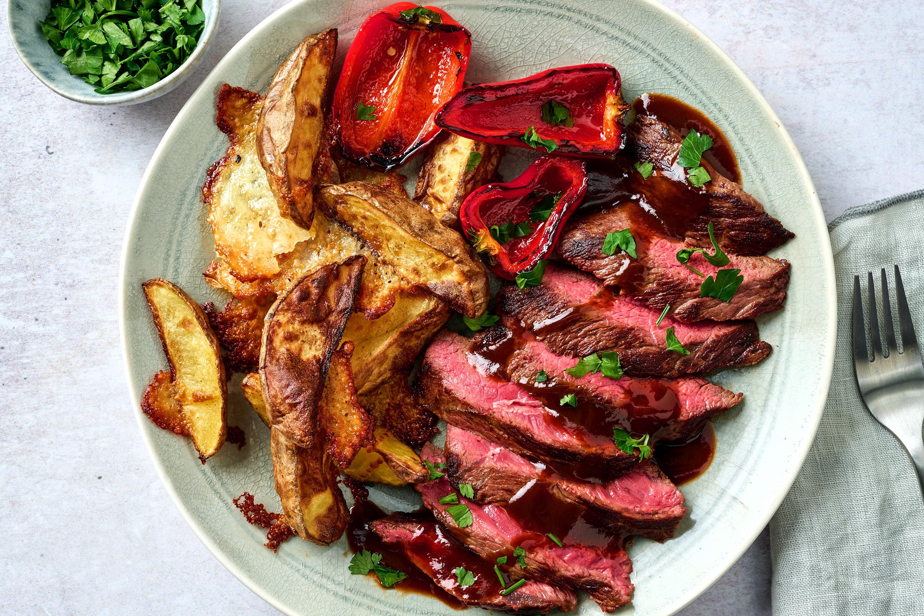 Roasted Steak with Potatoes and Blistered Mini Peppers