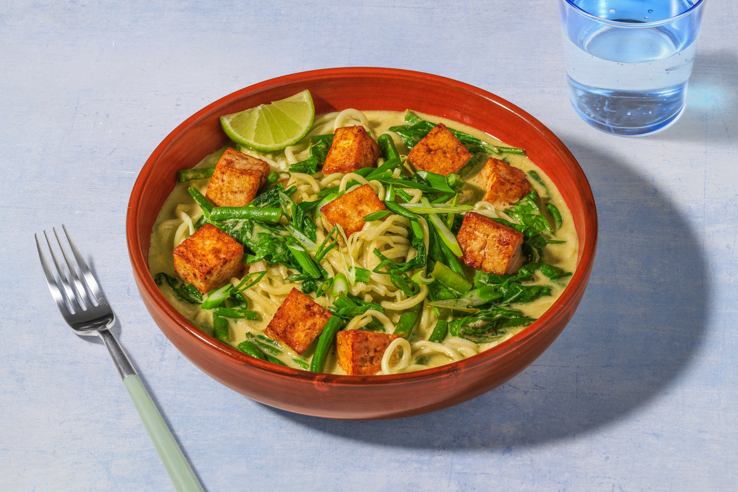 Marinated Tofu, Chicken & Thai Green Curry Noodle Soup