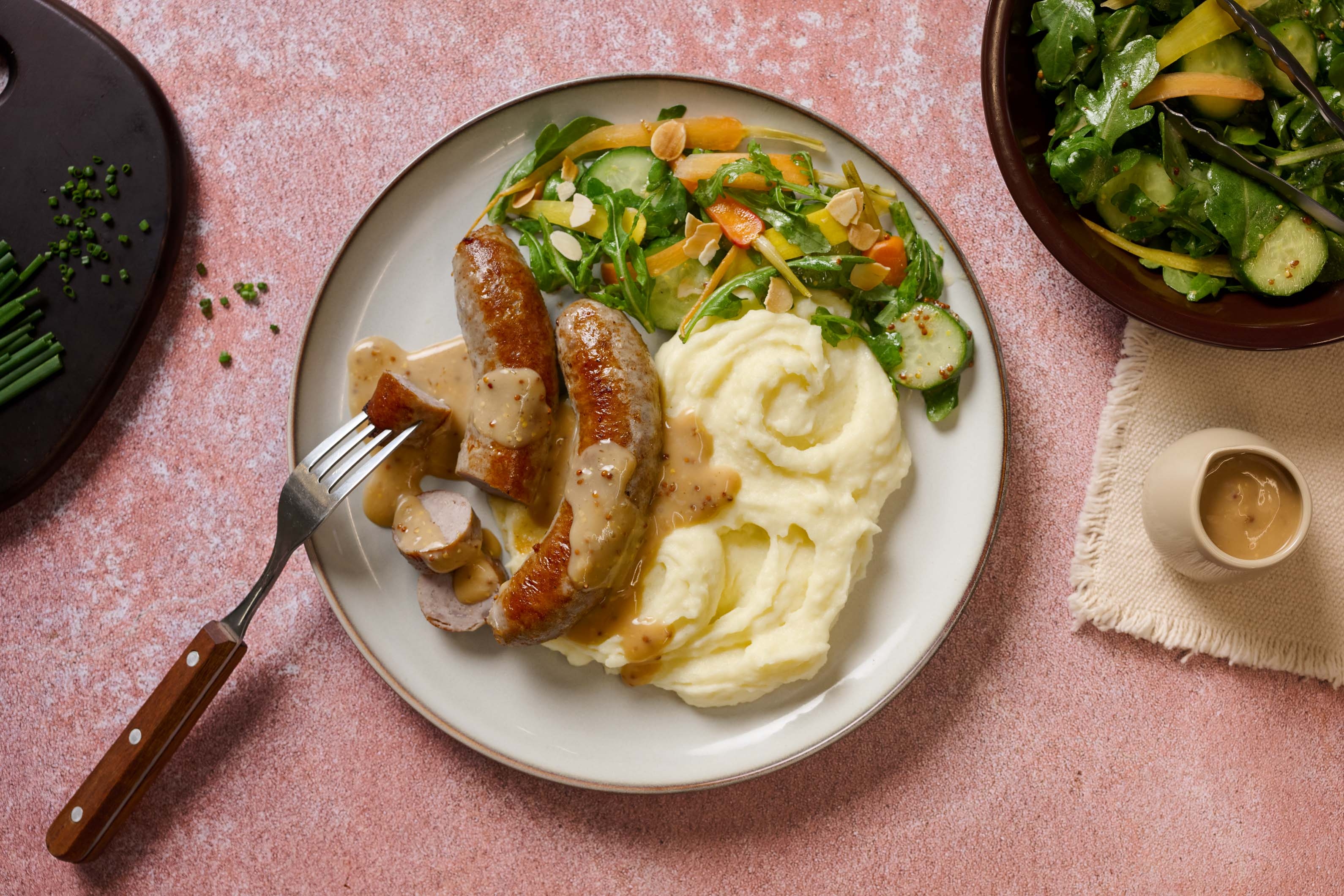 Double Turkey Bangers on Chive Mash
