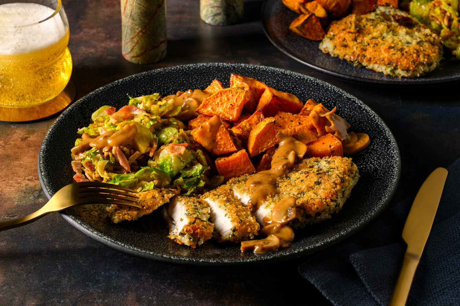 Top Pork Schnitzel & Bacon Brussels Sprouts