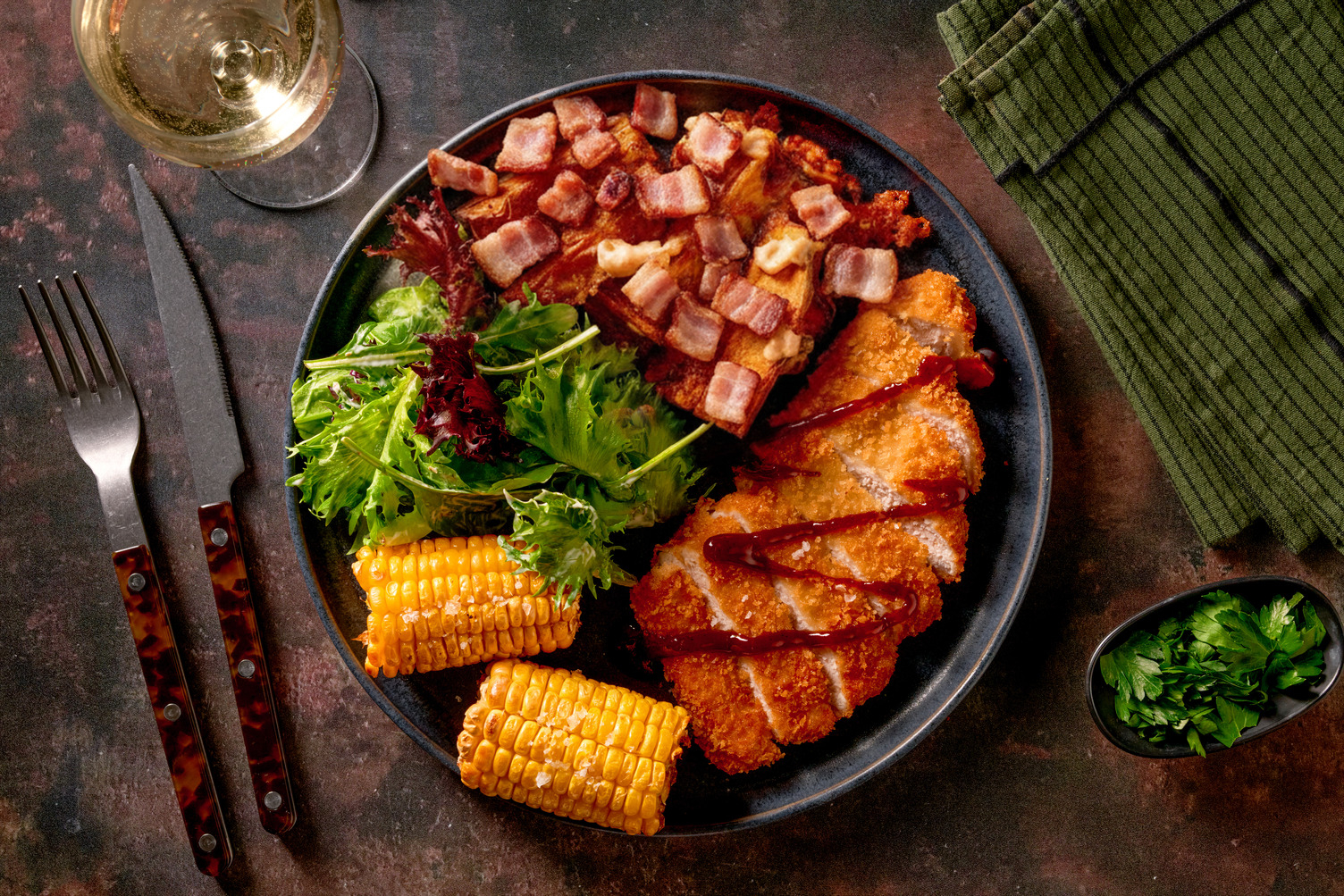 BBQ Chicken Schnitzel & Bacon Wedges