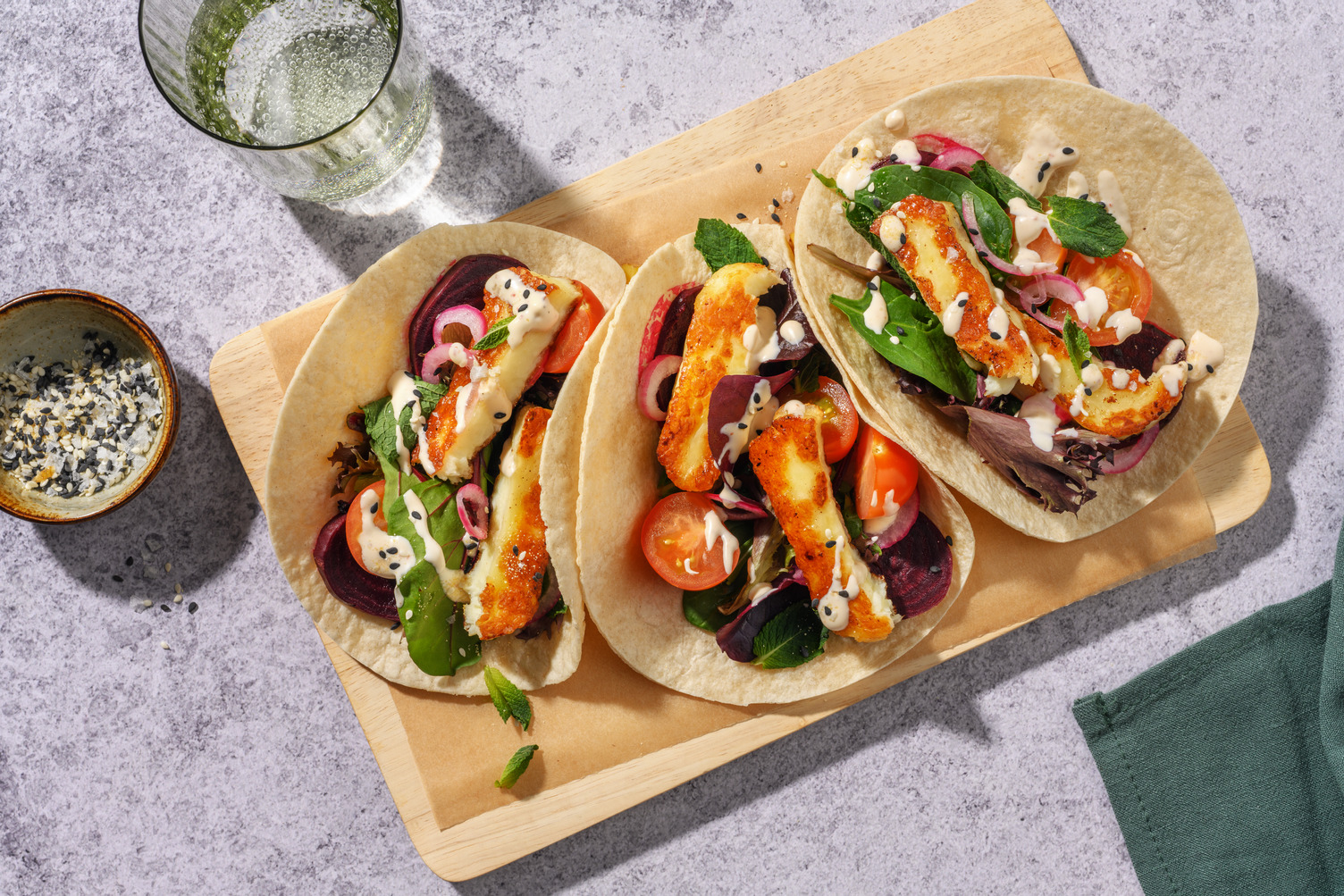 Easy Honey Haloumi, Beef Rump & Harissa-Aioli Tacos