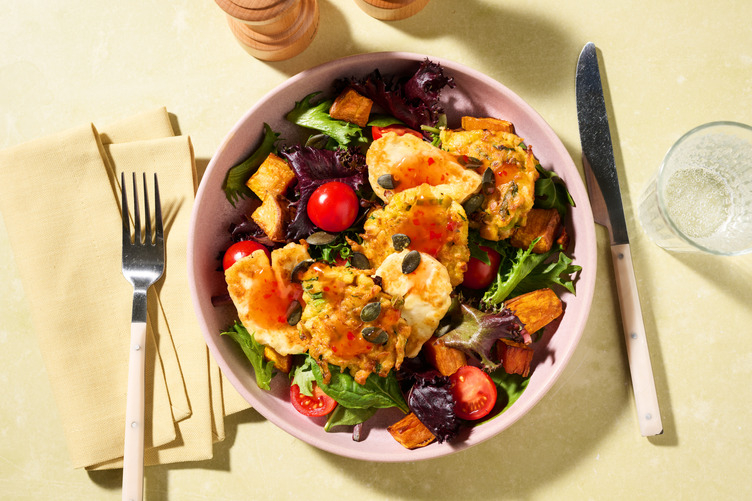 Corn-Zucchini Fritters, Salmon & Haloumi Stack