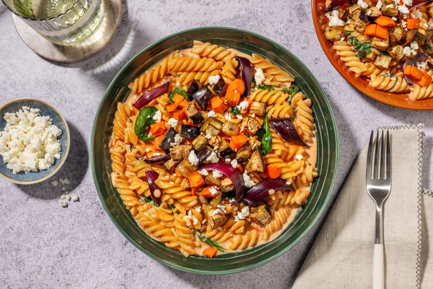 Mediterranean Roasted Eggplant & Chorizo Fusilli