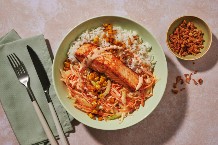 Double Pan-Seared Salmon & Garlic Rice Bowl