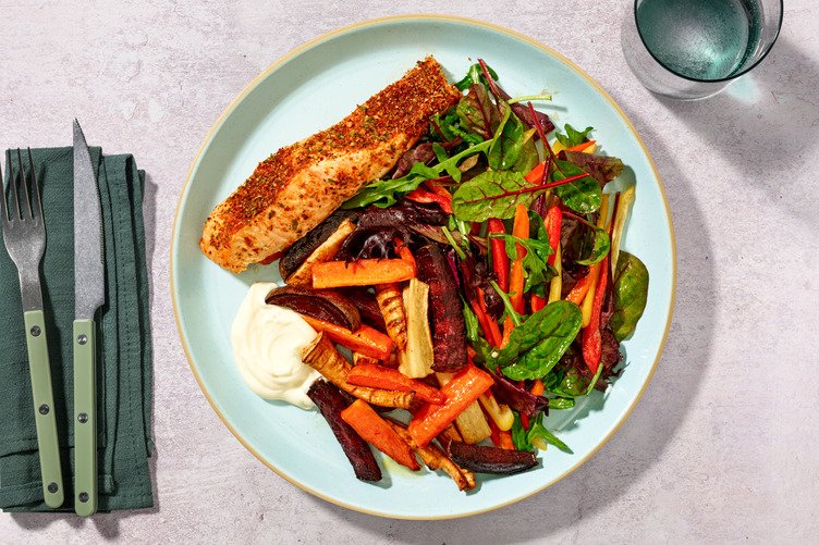 Herby Baked Salmon, Halloumi & Veggie Fries