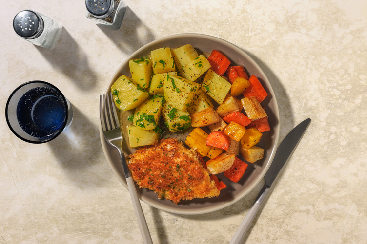 Cheddar-Crusted Salmon & Honey Root Veg