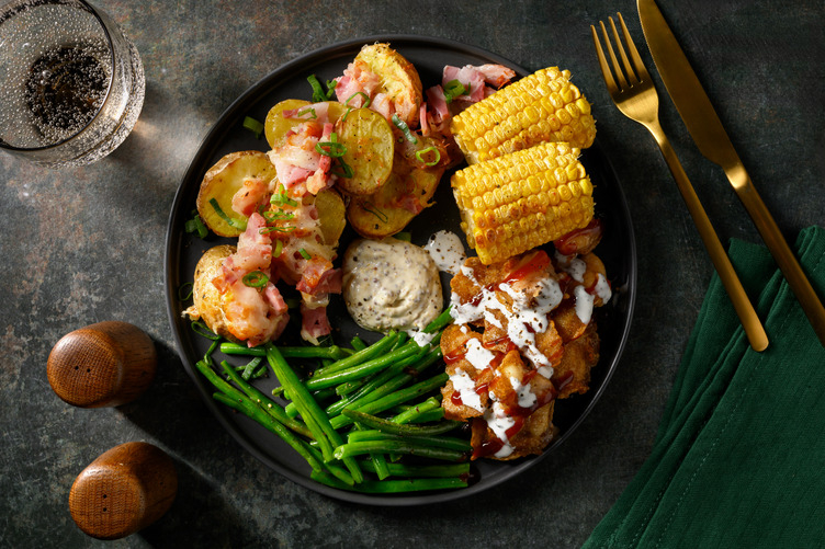 Popcorn Chicken & Cheesy Bacon Potatoes