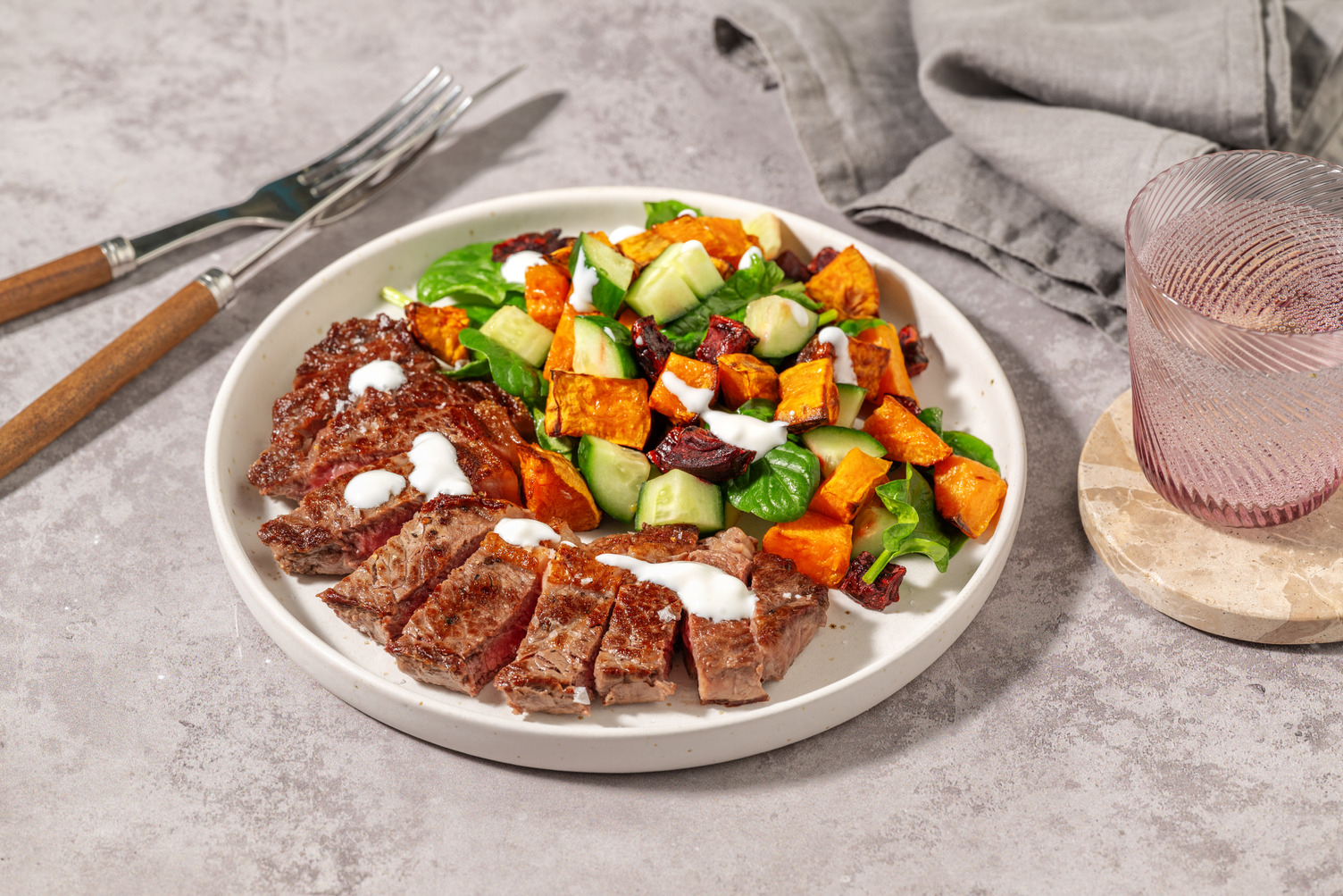 Sizzling Double Beef & Roasted Root Veggie Toss