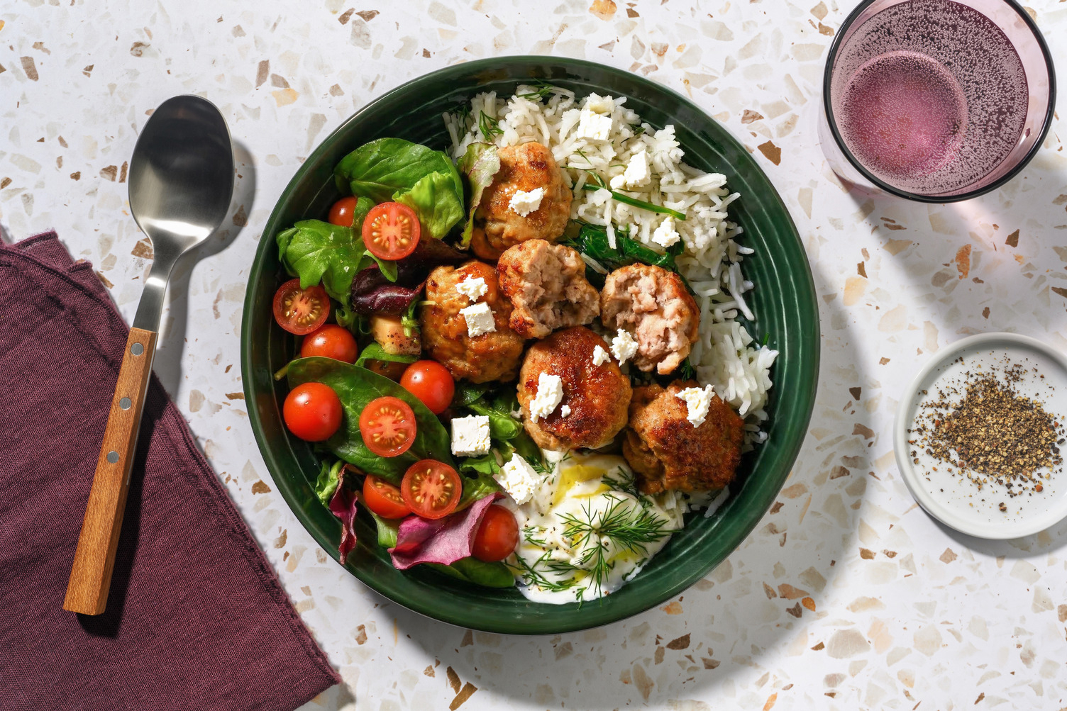 Greek-Style Beef Keftedes & Garlic Rice