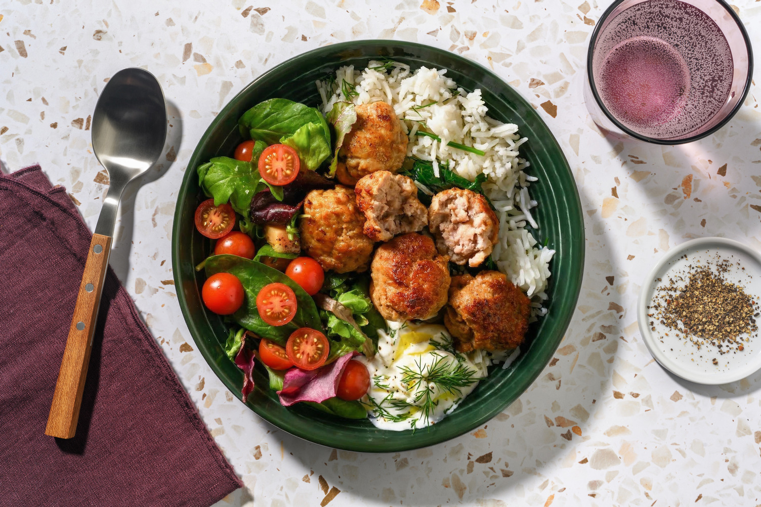 Greek-Style Beef Keftedes & Spinach Rice