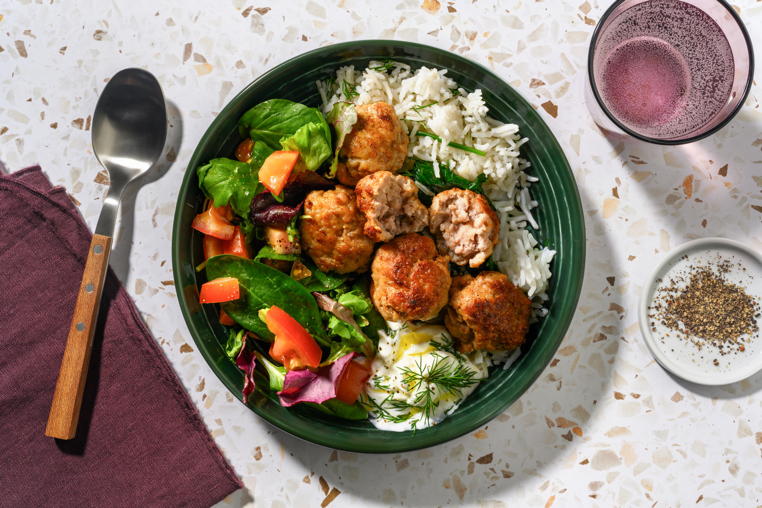 Greek-Style Lamb Keftedes, Haloumi & Spinach Rice