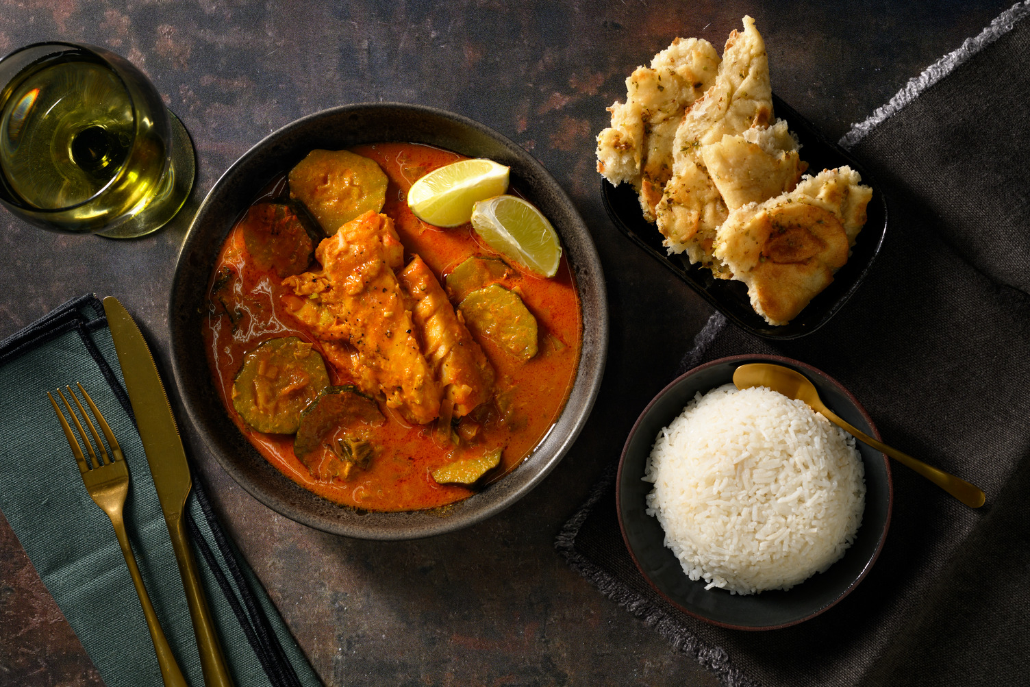Curry de poisson parfumé, naan et pak-choï