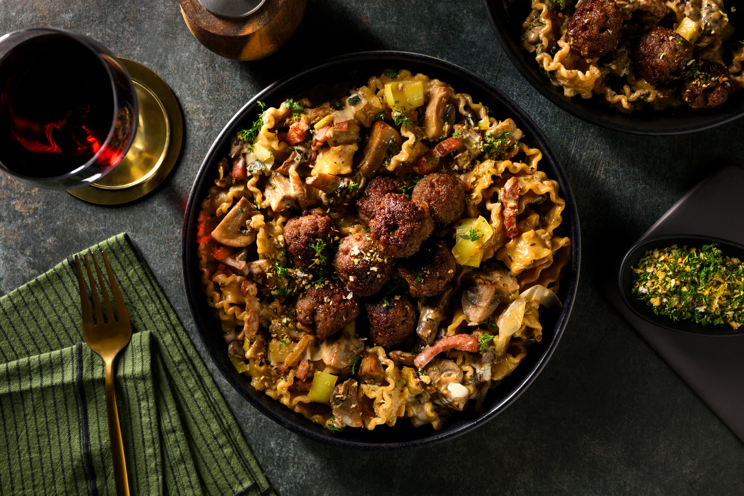 Venison Meatball Mafaldine in Creamy Bacon Sauce