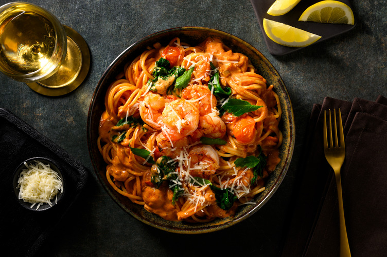 Spaghetti aux crevettes à l'ail & Grana Padano