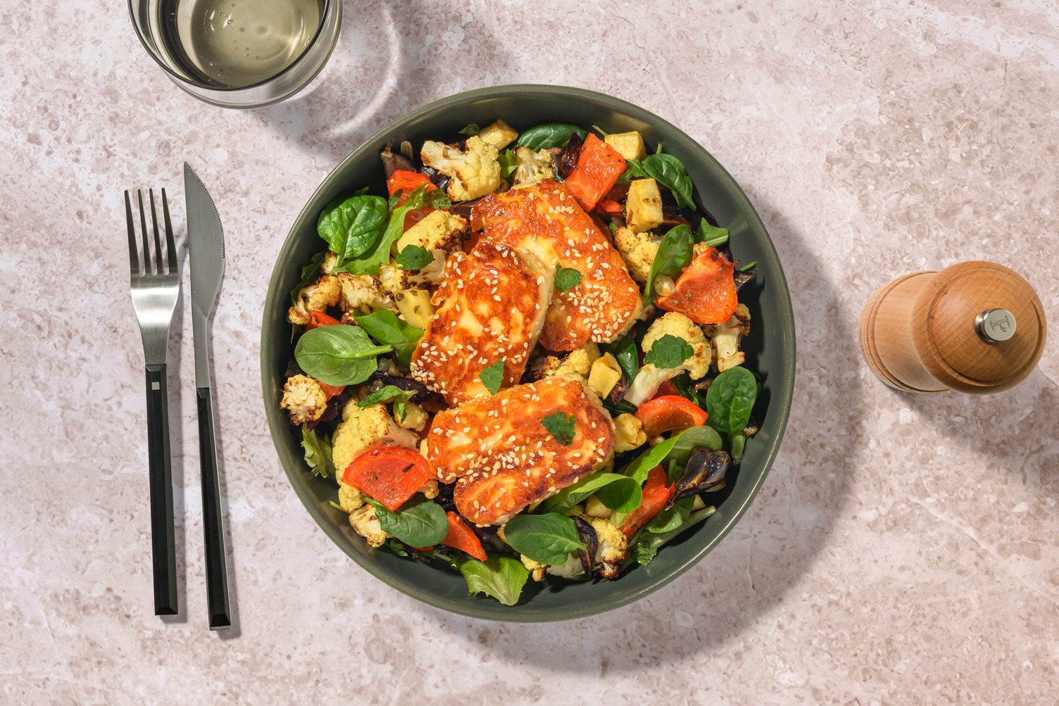 Greek-Style Double Sesame Halloumi & Roast Veggies