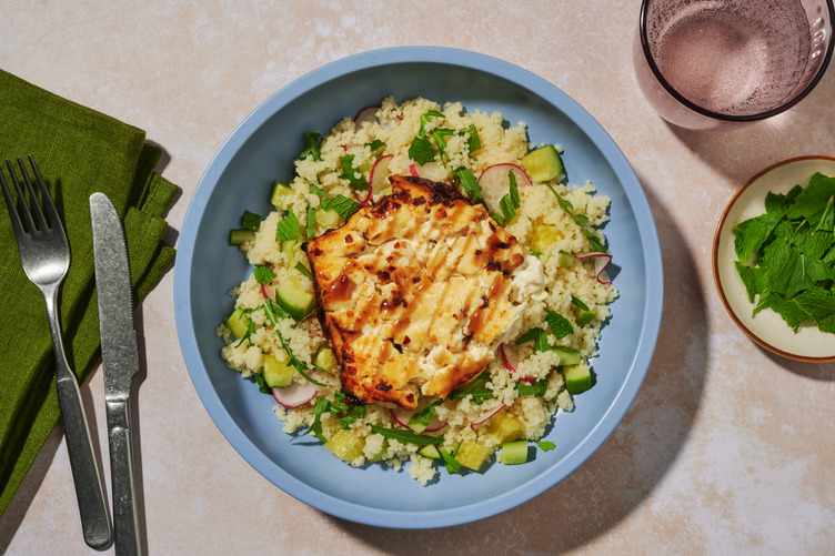 Hot Honey Baked Feta, Salmon & Fast Veggie Couscous