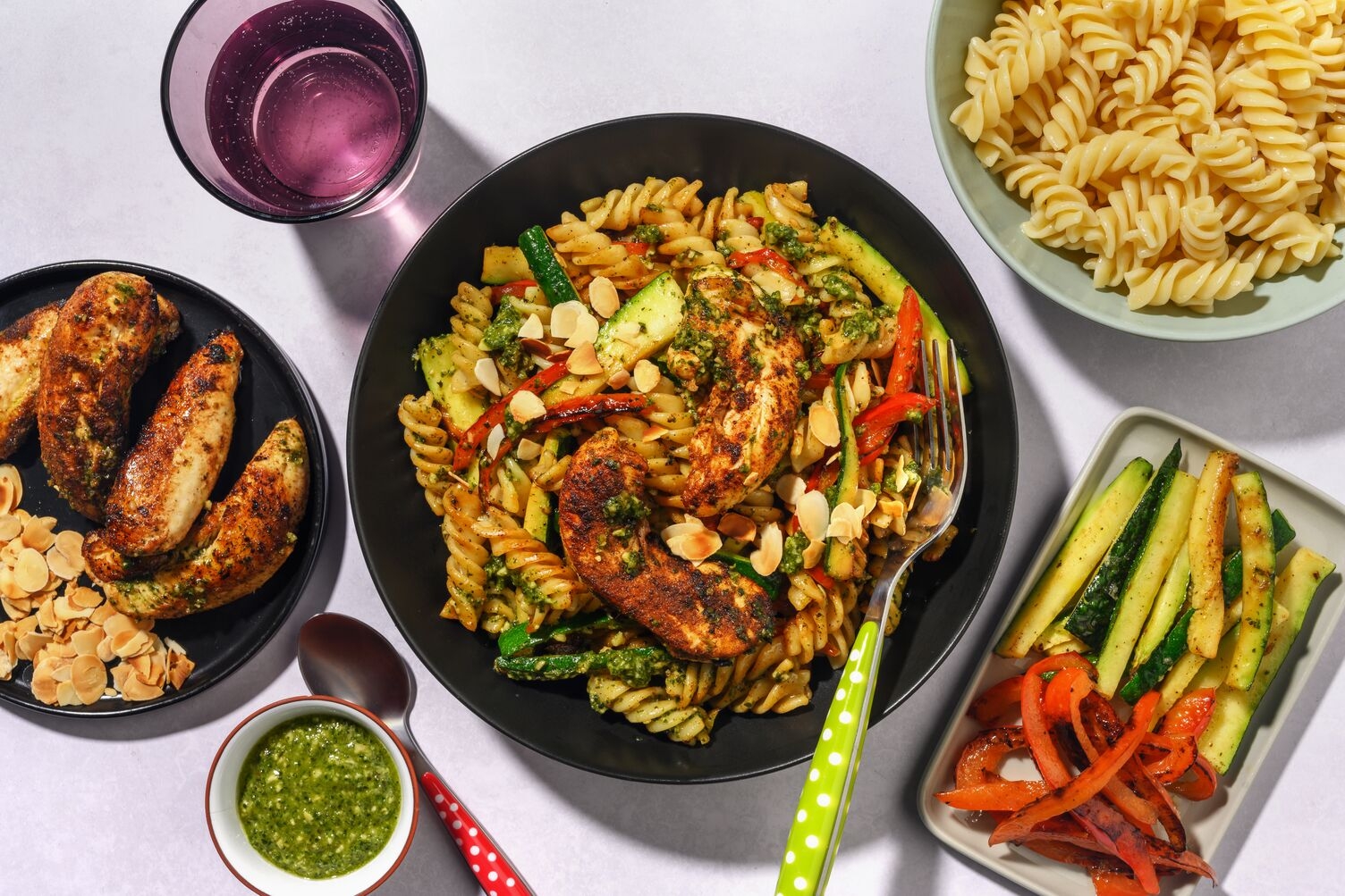 Share-Style Spiced Plant-Based Chick'n & Pesto Fusilli