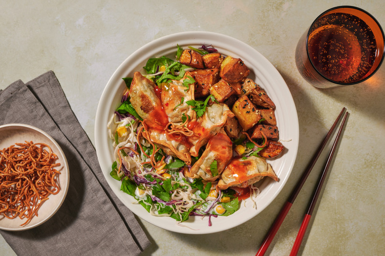 Double Pork-Chive Dumplings & Crispy Noodle Slaw