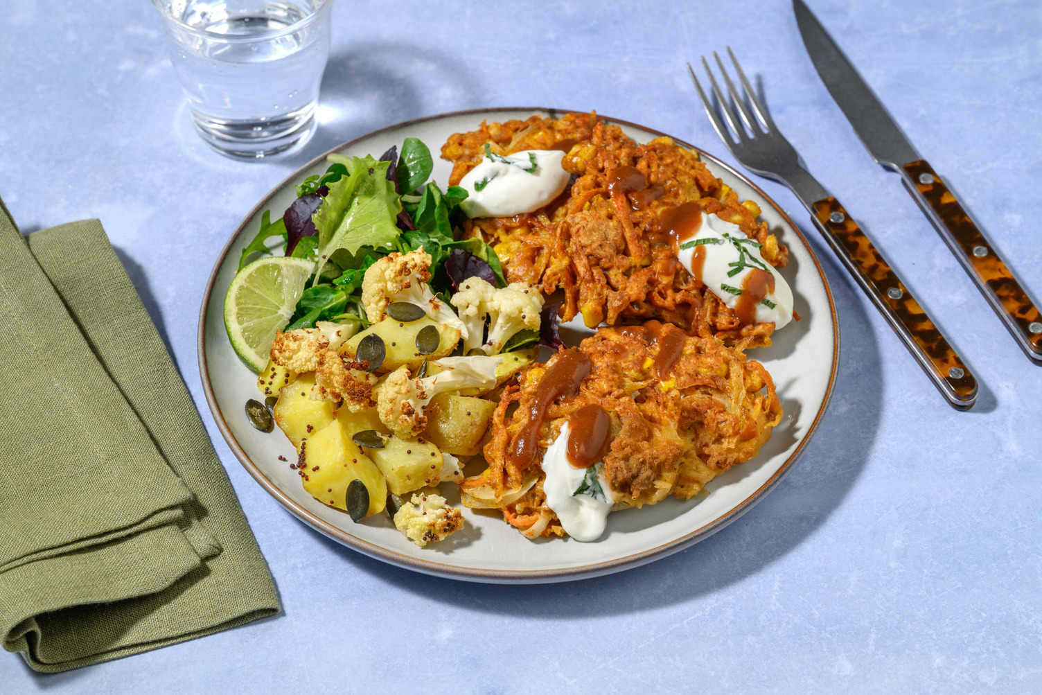 Mumbai Salmon, Corn Fritters & Potato-Cauli Toss