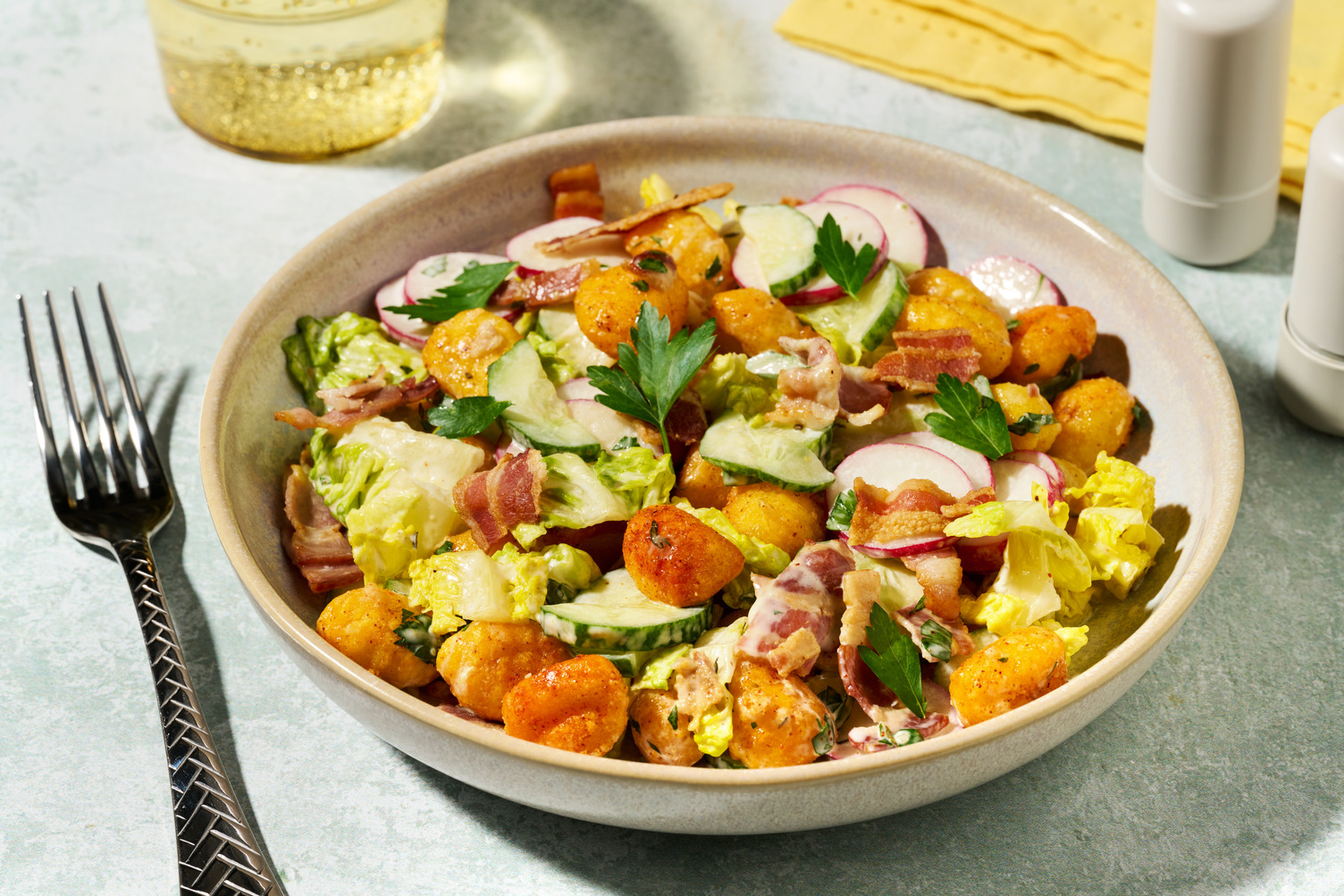 Crispy Gnocchi & Halloumi Caesar Salad