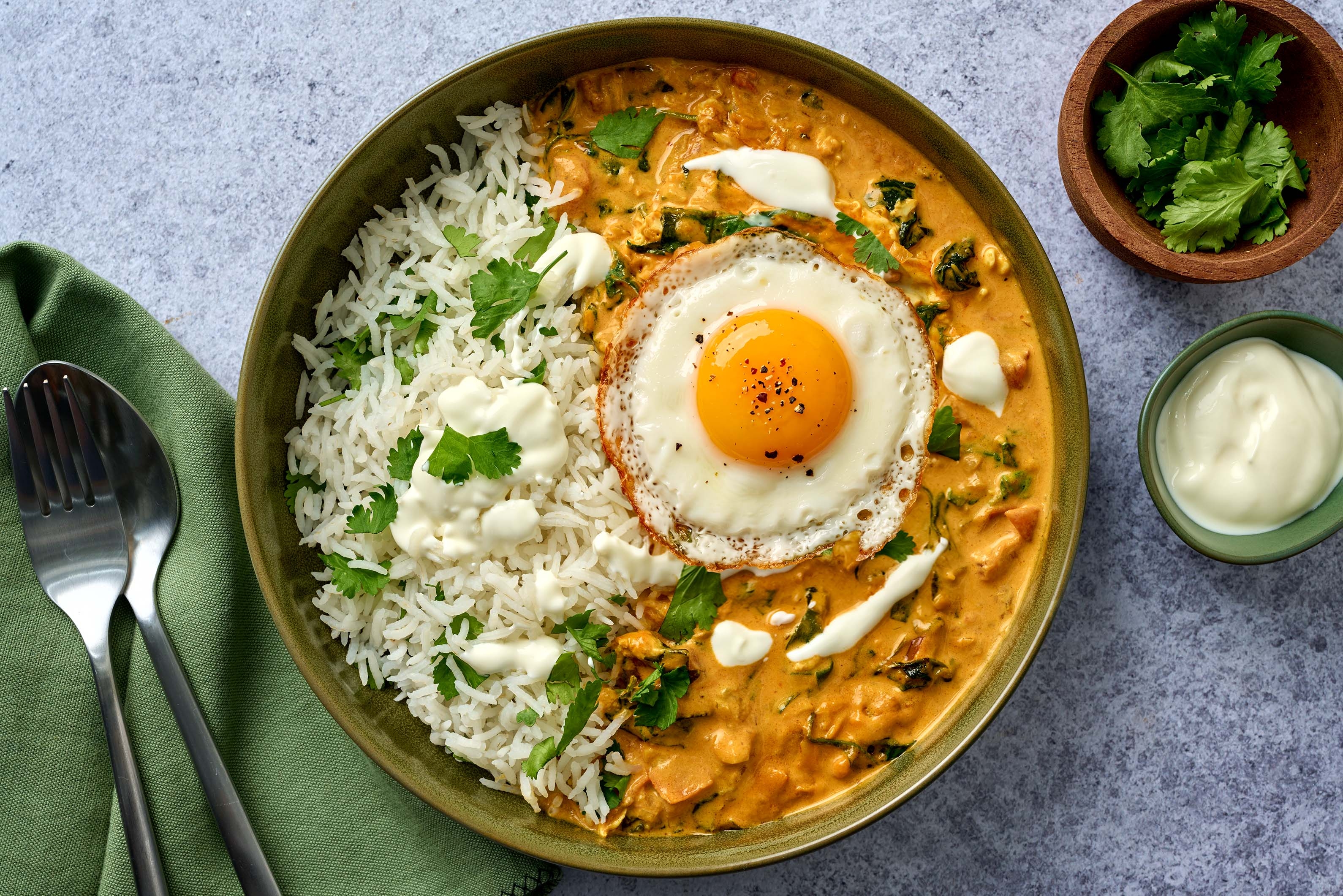 SuperQuick Creamy Chicken, Egg-and-Spinach Curry