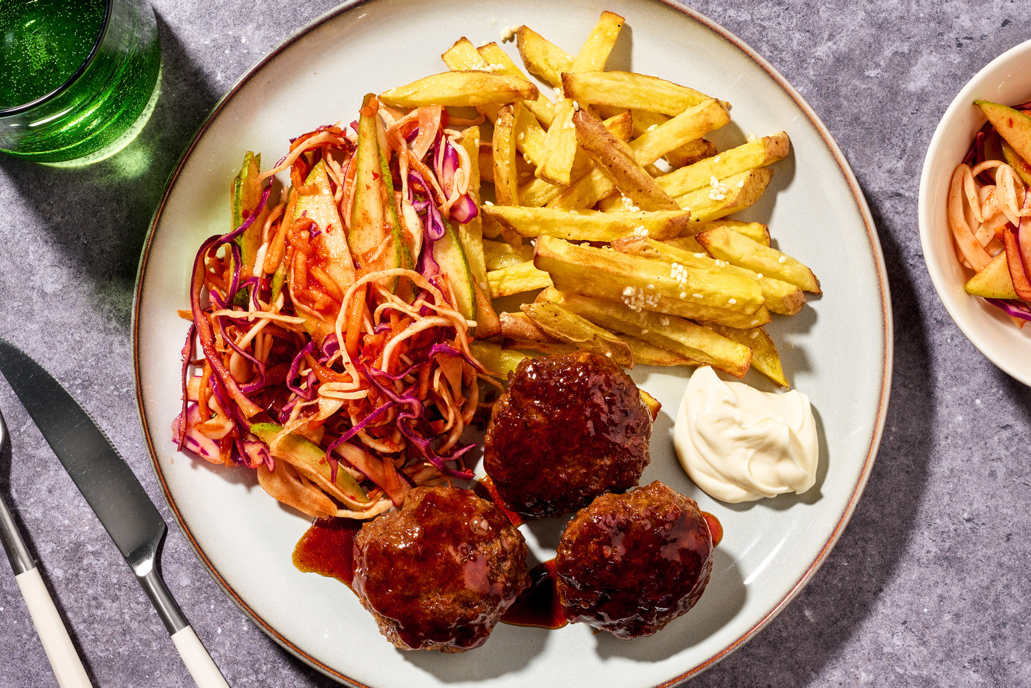 Sticky Ginger Pork Rissoles & Sesame Fries