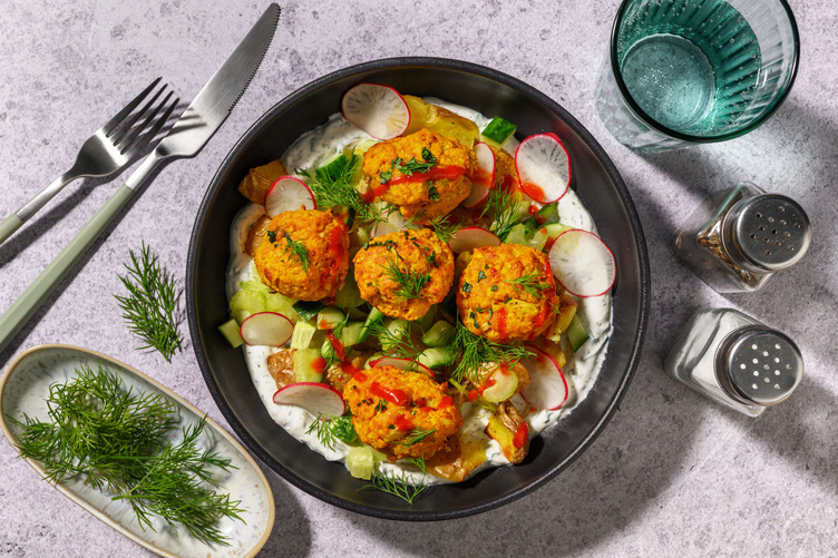 Mozzarella Cauliflower Bites, Haloumi & Smashed Potato Salad