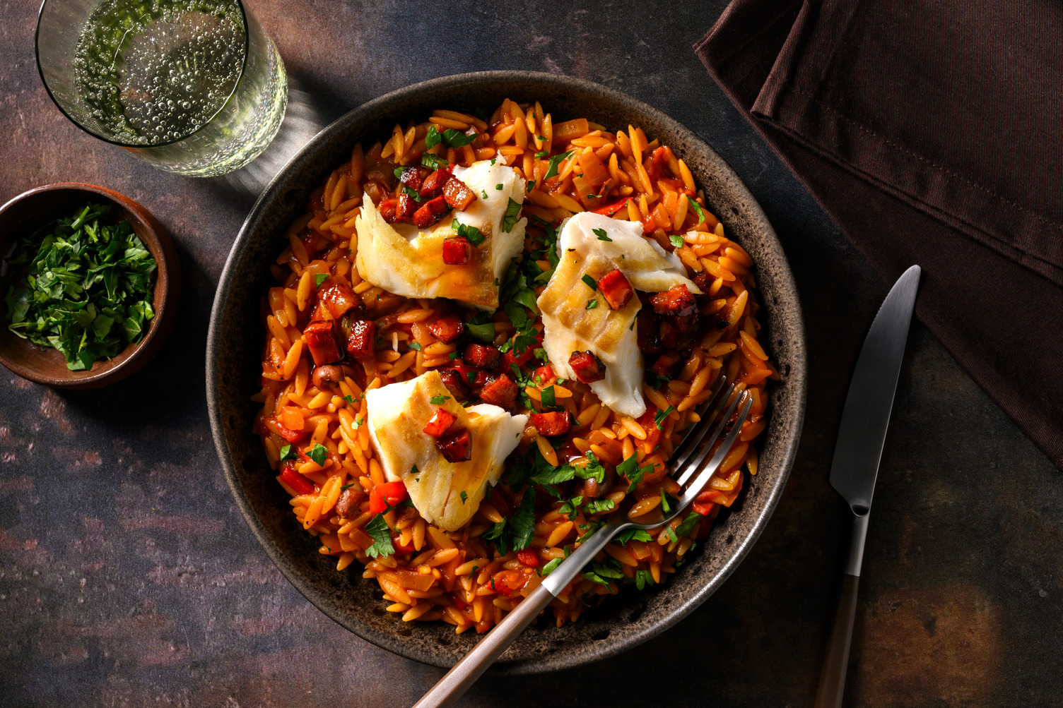 Kabeljauw en chorizo met orzotto