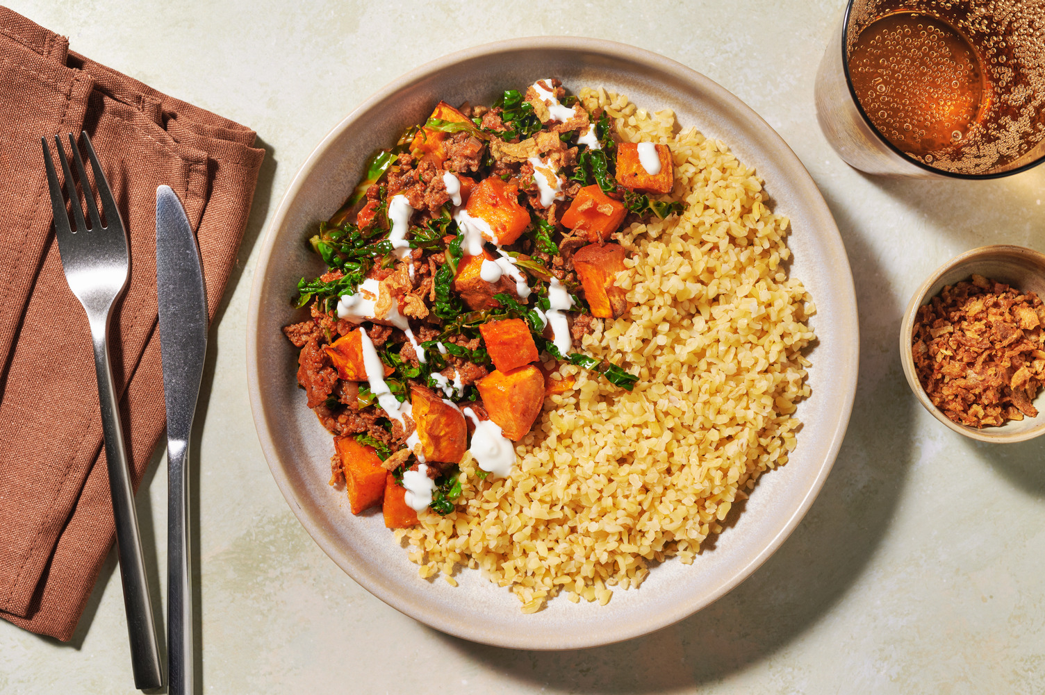 Warming Harissa Double Beef and Sweet Potato Bulgur Bowl