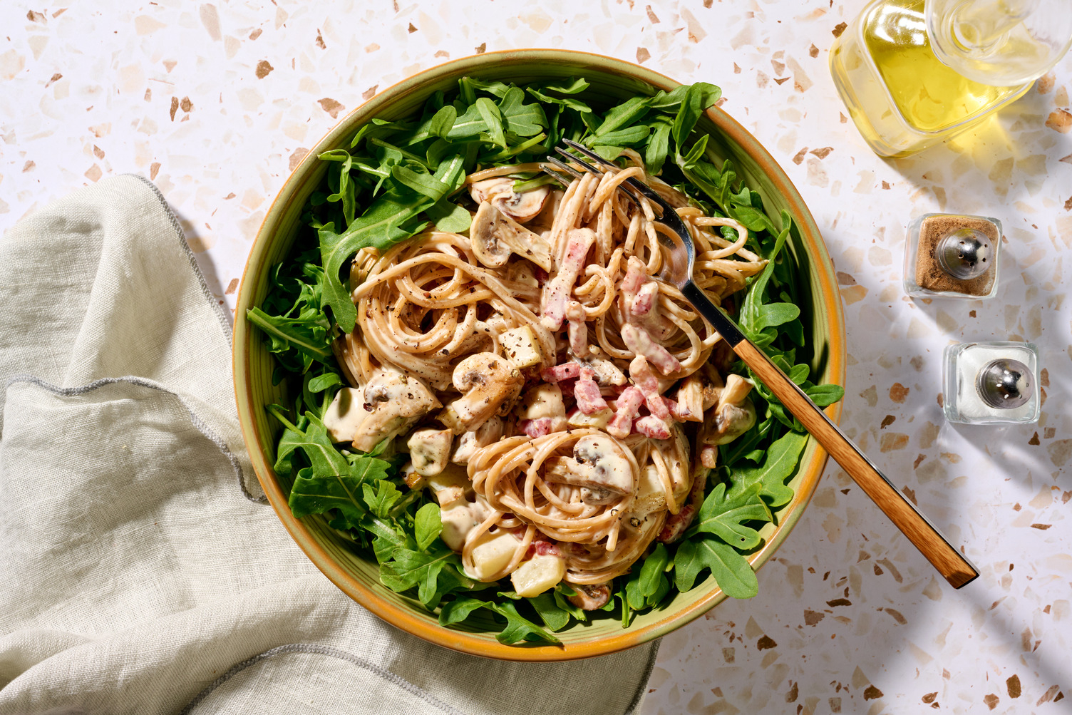 Spaghetti complets sauce au bleu & lardons