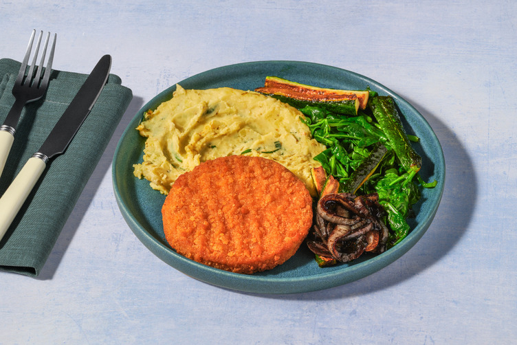 Veggie kipburger met cheesy pesto-aardappelpuree en basilicum