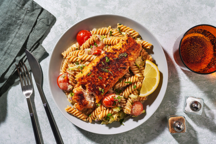 Heekfilet met volkoren fusilli en tomaten