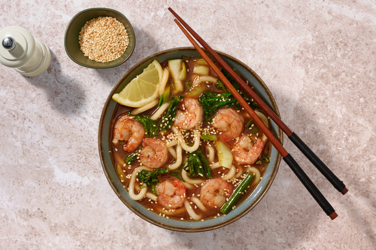 Soupe d'udon aux crevettes Teriyaki & broccolini