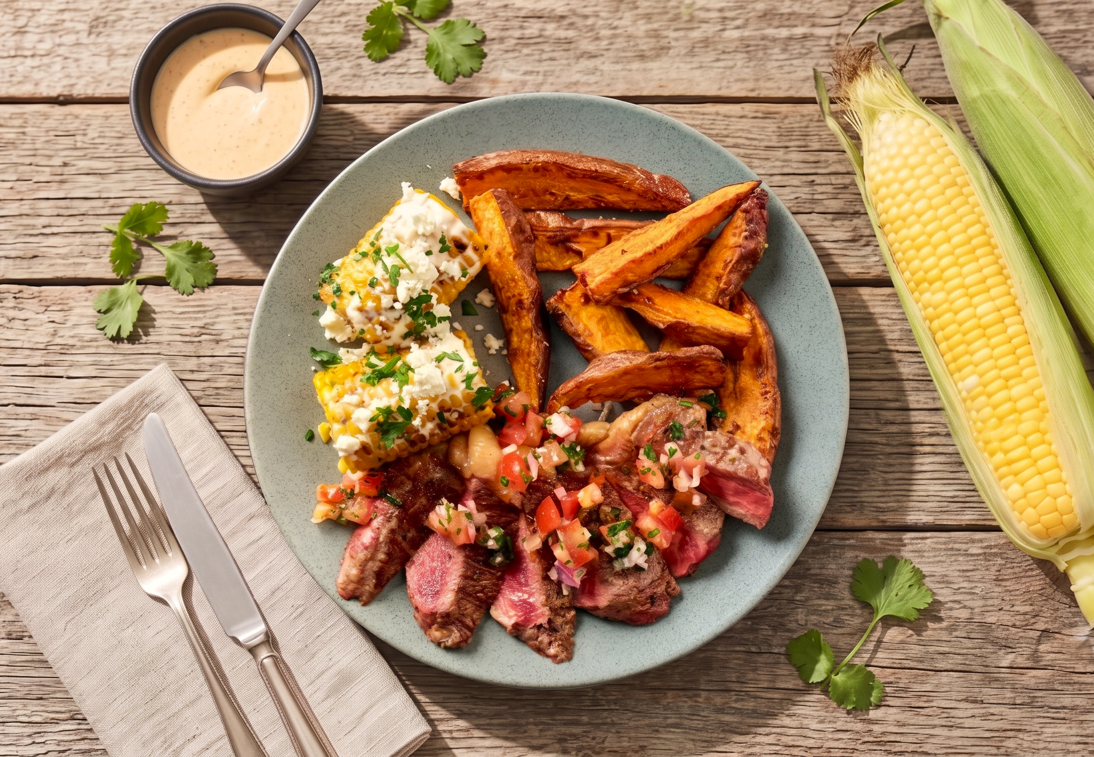 Contre-filet grillé avec elote de maïs, patates douces et pico de gallo