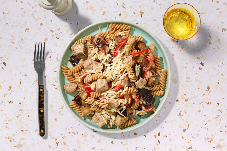 Volkoren fusilli met varkenshaaspuntjes en aubergine