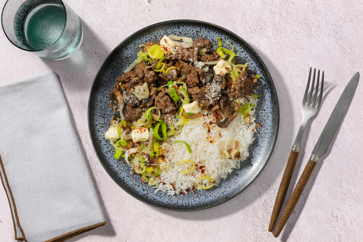 Philly Cheesesteak Inspired Beef Rice Bowl