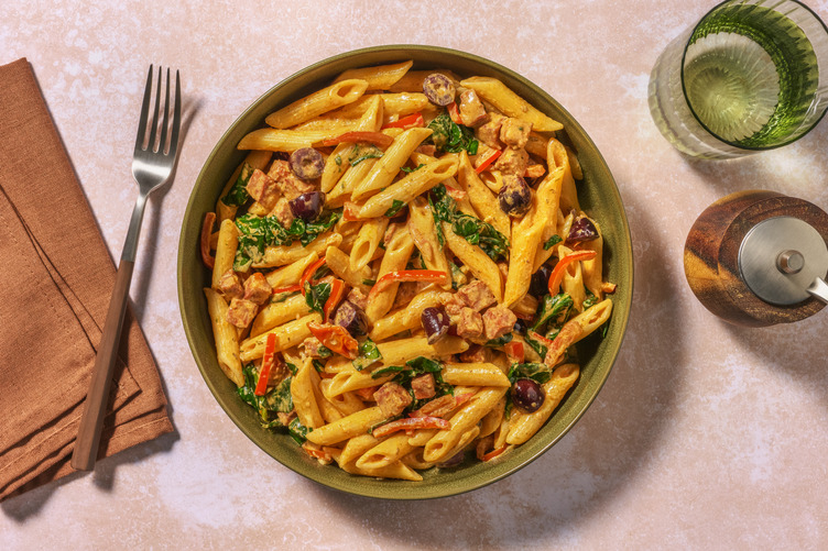 Romige pasta met chorizo en olijven