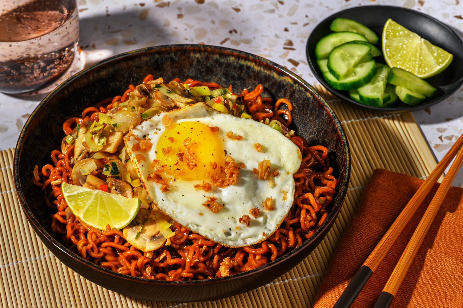 Nouilles en sauce ponzu-cacahuète et œuf au plat